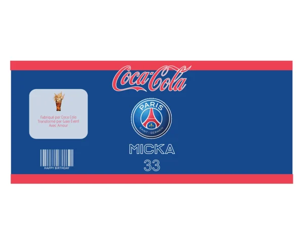 Étiquette personnalisée Coca-Cola avec le logo du PSG et l'inscription 'Micka 33'.